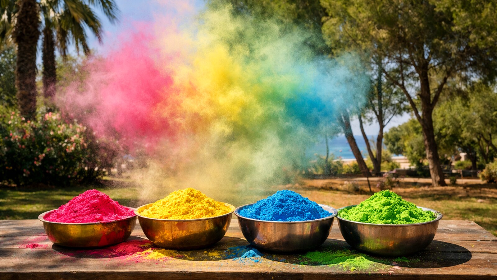 Schalen mit buntem Holi-Farbpulver auf einem Tisch im Park, darüber eine Farbwolke (KI-Symbolbild).