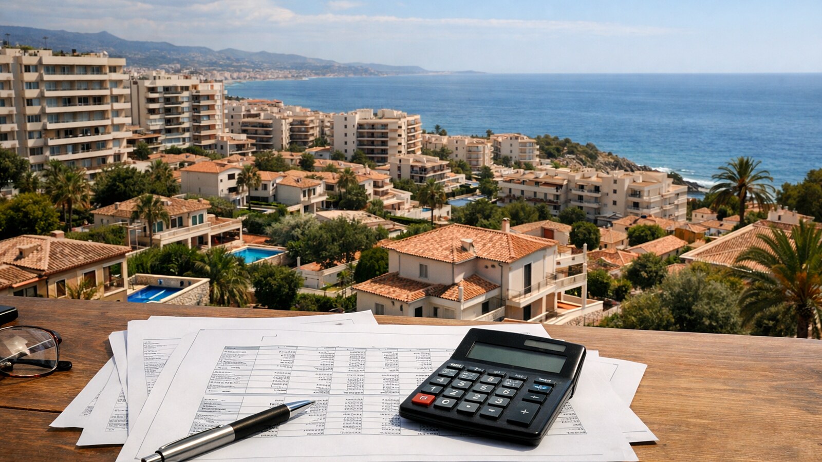 Zu sehen ist der Blick über Wohnhäuser und Apartmentgebäude in einer mediterranen Küstenstadt, während im Vordergrund auf einem Tisch neutrale Dokumente, ein Taschenrechner und ein Stift liegen (KI-Symbolbild).