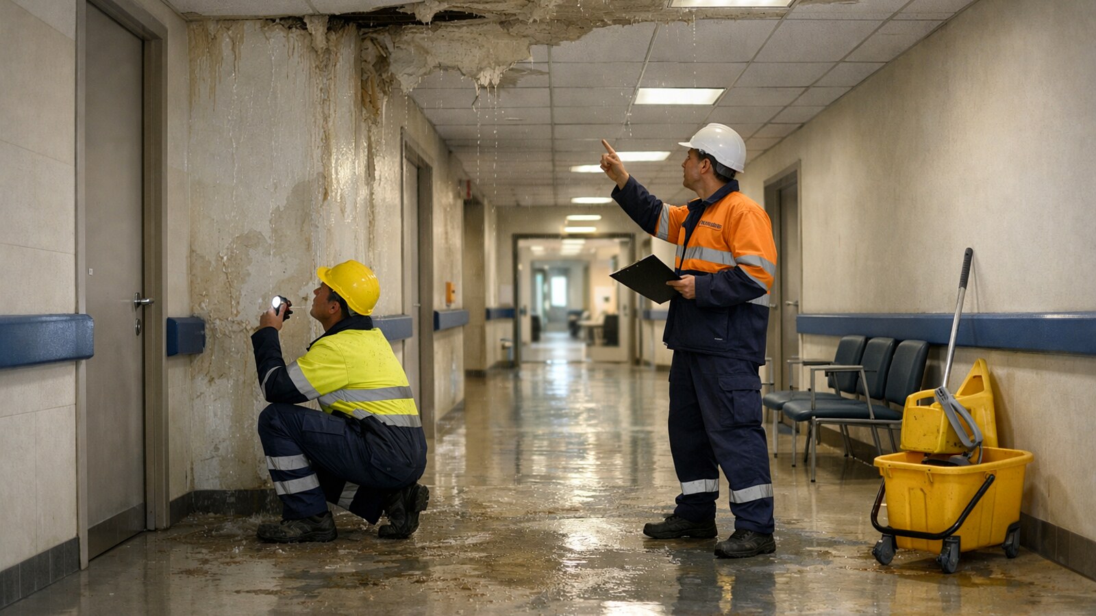 In einem Krankenhausflur mit Wartezimmerstühlen und Reinigungswagen begutachten zwei Arbeiter in Schutzkleidung schwere Wasserschäden an Decke und Wand, während Wasser auf den Boden tropft (KI-Symbolbild).