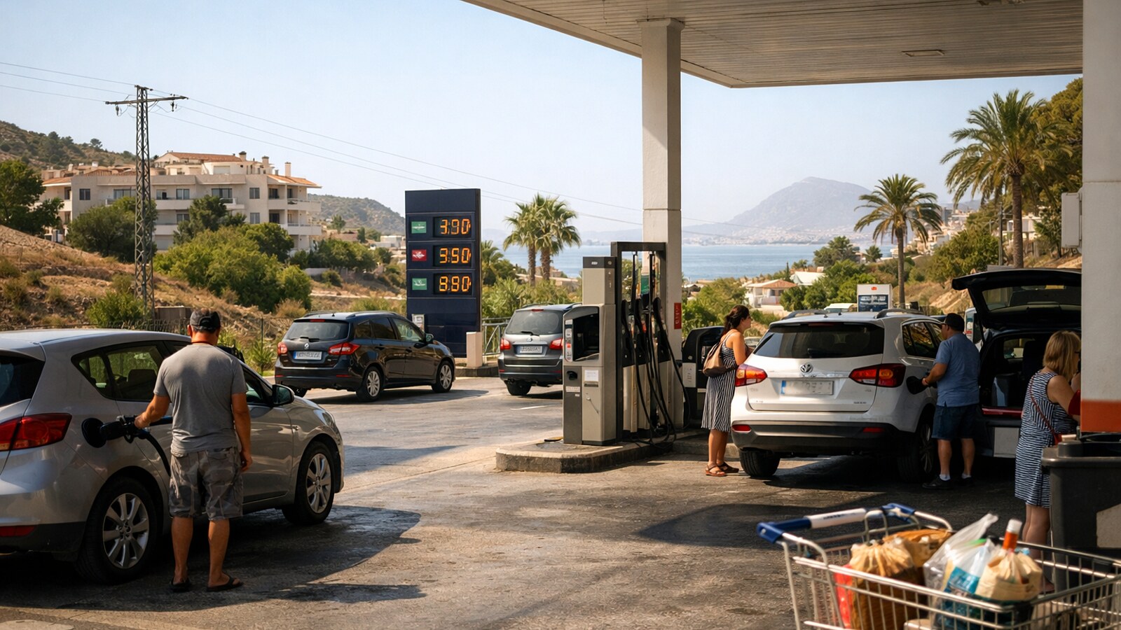 Zu sehen ist eine Tankstelle bei Tageslicht an einer mediterranen Küste, an der mehrere Menschen ihre Autos betanken; im Vordergrund steht ein Einkaufswagen, und eine Preistafel deutet hohe Kraftstoffkosten an (KI-Symbolbild).
