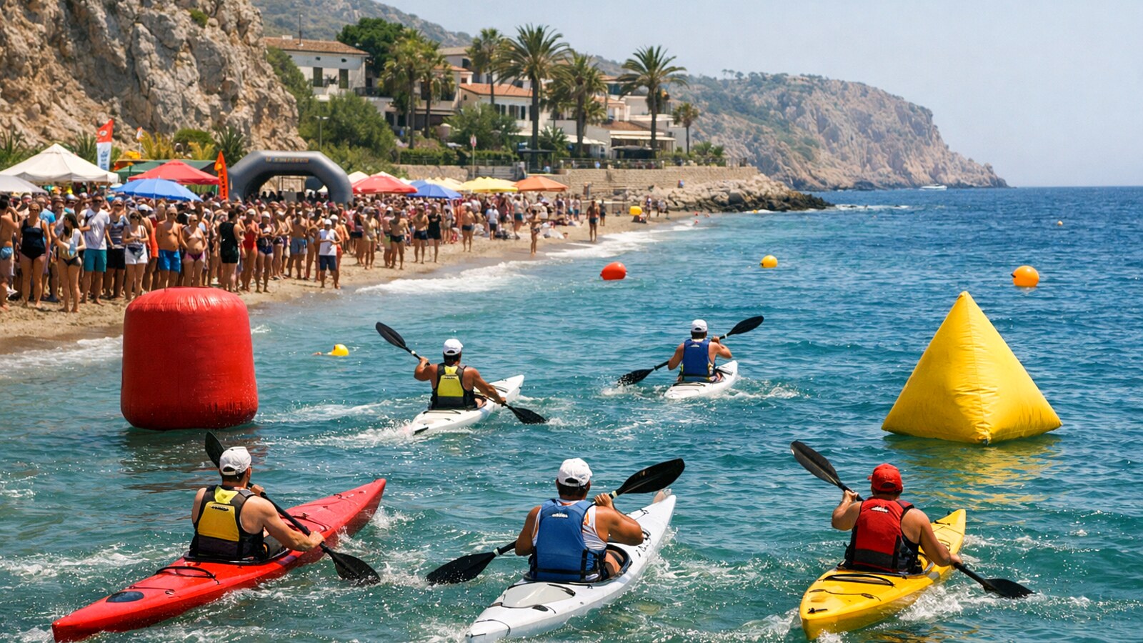 Mehrere Kajakfahrer paddeln nahe an einen belebten Strand mit Zuschauern heran, während rote und gelbe Bojen im Wasser und eine festliche Veranstaltungskulisse an einer mediterranen Küste zu sehen sind (KI-Symbolbild).