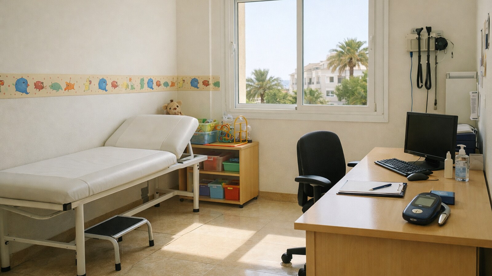 Zu sehen ist ein leerer kinderärztlicher Behandlungsraum mit Untersuchungsliege, Schreibtisch mit Computer und Blutzuckermessgerät sowie hellem Tageslicht durch das Fenster (KI-Symbolbild).