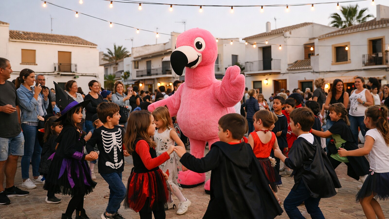 Verkleidete Kinder tanzen mit einem Flamingo-Maskottchen auf einem Platz (KI-Symbolbild).