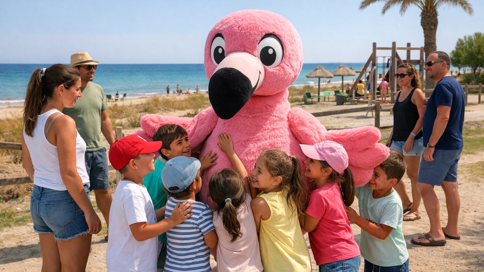 Kinder umringen ein Flamingo-Maskottchen bei einer Aktion am Meer (KI-Symbolbild).