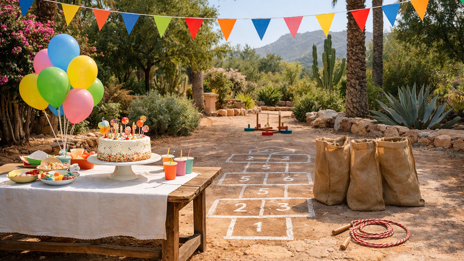 Geburtstagstisch mit Torte und Luftballons in einem Garten, daneben Hüpfkästchen, Säcke und Springseil, ohne Menschen (KI-Symbolbild).