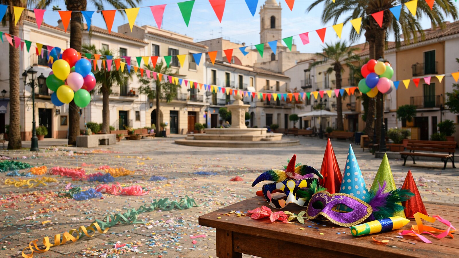 Geschmückter Platz mit Wimpelketten, Konfetti, Luftballons, Masken und Partyhüten, ohne Menschen (KI-Symbolbild).
