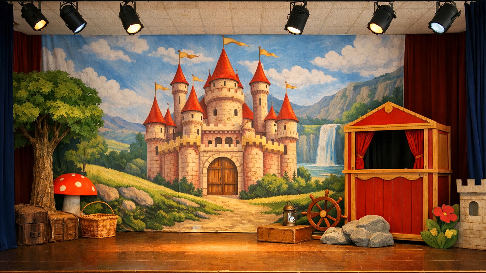 Leere Kindertheaterbühne mit gemaltem Märchenschloss und Puppentheater, ohne Menschen (KI-Symbolbild).