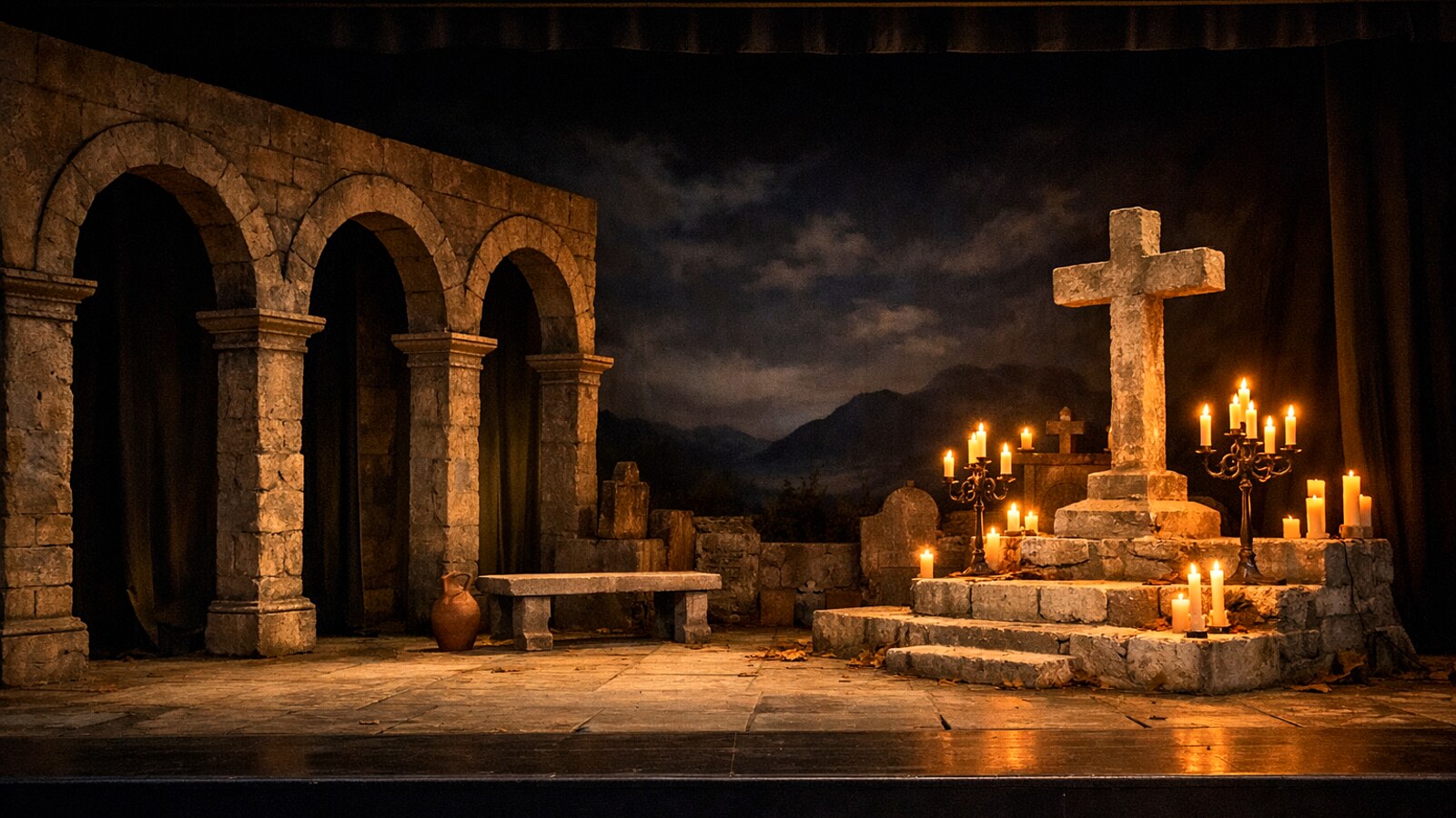 Leere Theaterbühne mit Steinbögen, Kreuz und Kerzen als Kulisse eines klassischen Dramas (KI-Symbolbild).