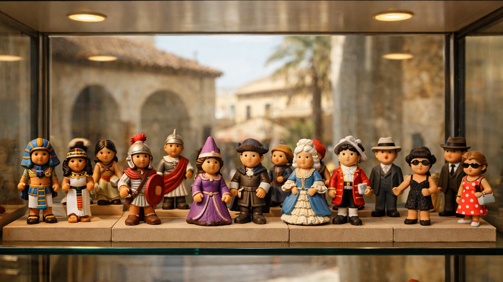 Knetfiguren in Kostümen verschiedener Epochen in einer Museumsvitrine (KI-Symbolbild).