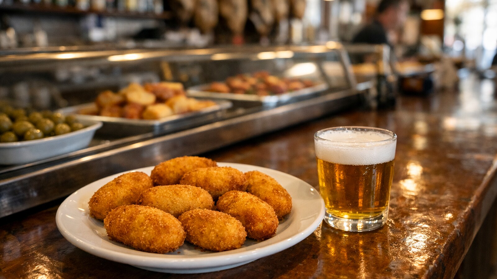 Teller mit Kroketten und ein Glas Bier an einer Tapas-Bar (KI-Symbolbild).