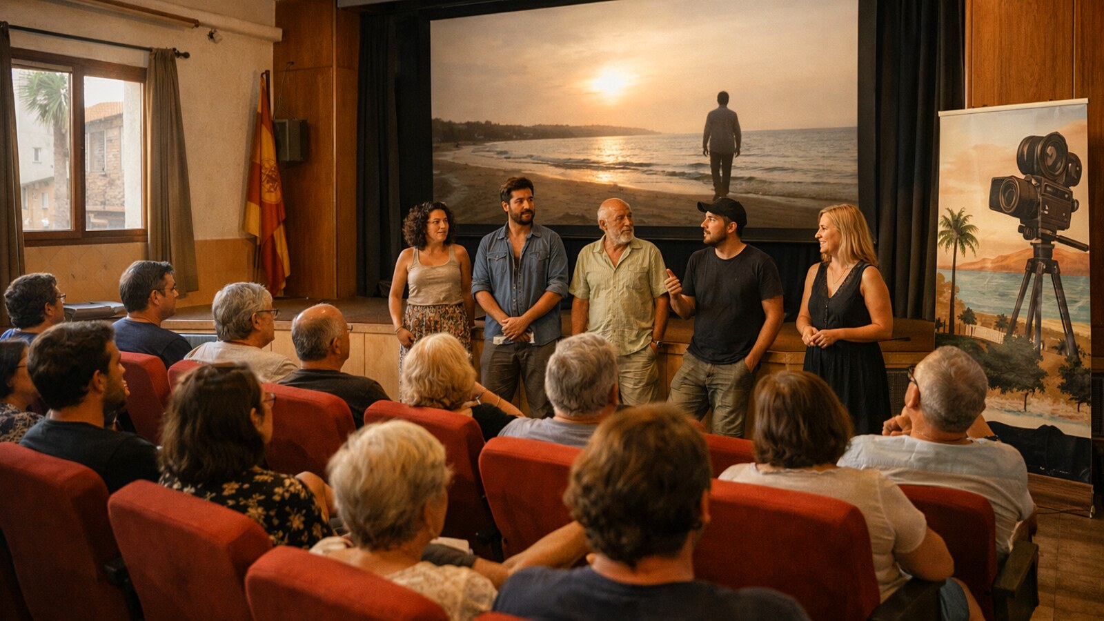 Publikum im Kinosaal, Filmschaffende im Gespräch vor der Leinwand (KI-Symbolbild).