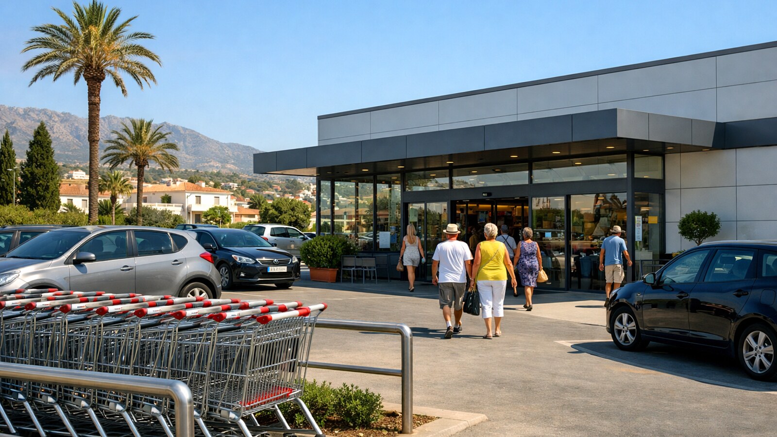 Zu sehen ist die Außenansicht eines modernen Supermarkts in sonniger mediterraner Umgebung mit Einkaufswagen, geparkten Autos und mehreren Kunden, die den Eingang betreten (KI-Symbolbild).