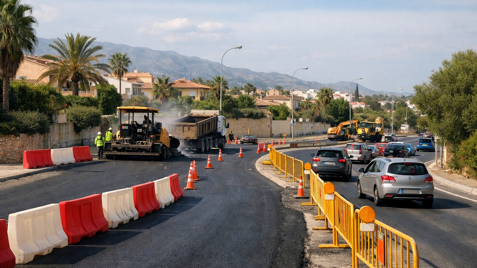 Auf einer breiten Straße wird frischer Asphalt eingebaut, während Absperrungen, Leitkegel, Baustellenfahrzeuge und umgeleiteter Autoverkehr die Arbeiten begleiten (KI-Symbolbild).
