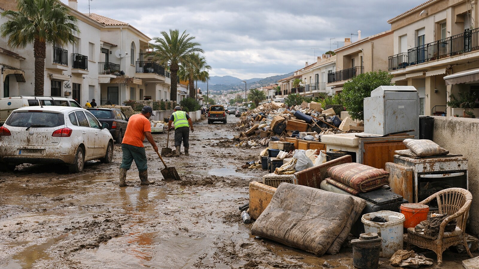 Eine verschlammte Wohnstraße in einer mediterranen Küstenstadt zeigt geparkte Autos, aufgestapelte beschädigte Haushaltsgegenstände und mehrere Menschen, die unter bewölktem Himmel Schlamm und Trümmer beseitigen (KI-Symbolbild).