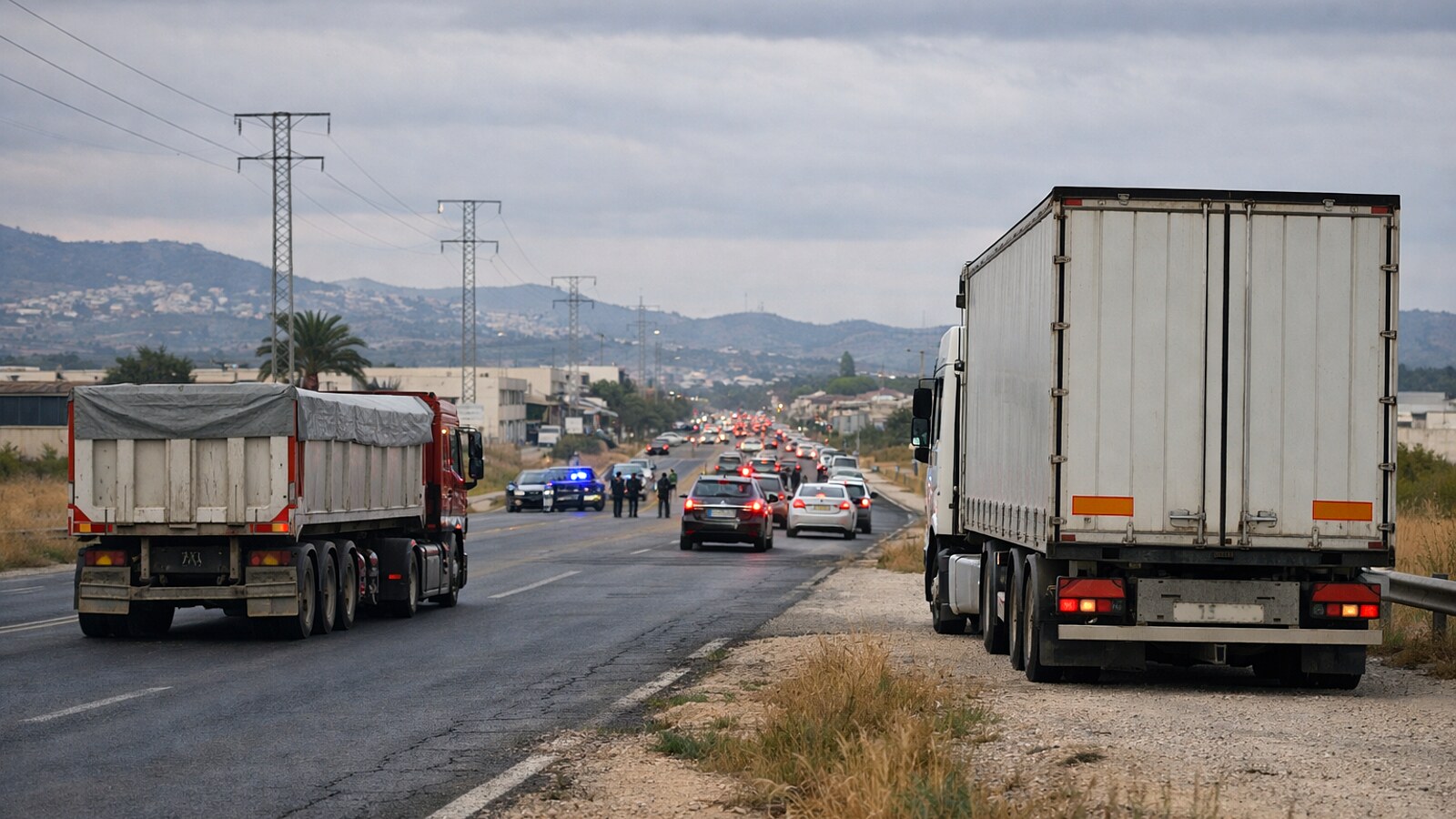 Auf einer breiten Zufahrtsstraße in einem Gewerbegebiet stehen Lastwagen und dichter Autoverkehr, während weiter vorn Polizeifahrzeuge und einige Einsatzkräfte unter bewölktem Himmel zu sehen sind (KI-Symbolbild).