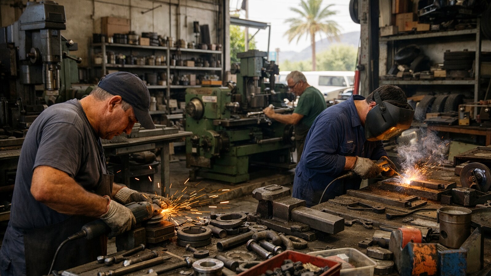 Mehrere Arbeiter arbeiten in einer allgemeinen Metallwerkstatt an Werkbänken und Maschinen, während zwischen Ersatzteilen und Werkzeugen Funken beim Schleifen oder Schweißen fliegen (KI-Symbolbild).