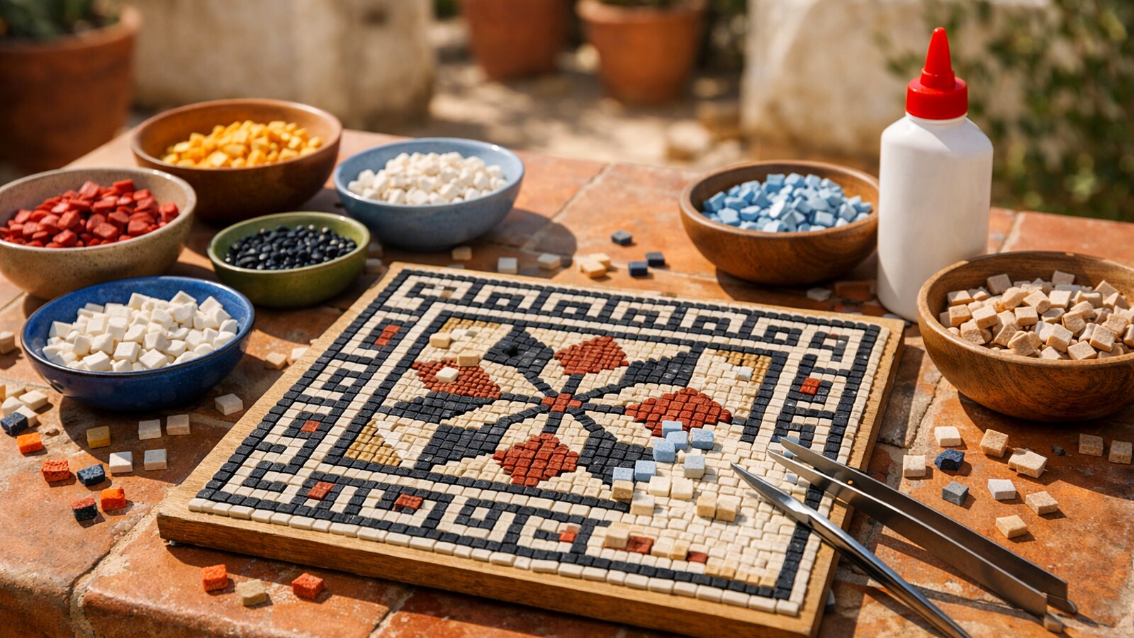 Basteltisch mit bunten Mosaiksteinen in Schalen und einem halb fertigen Mosaik mit römischem Muster (KI-Symbolbild).