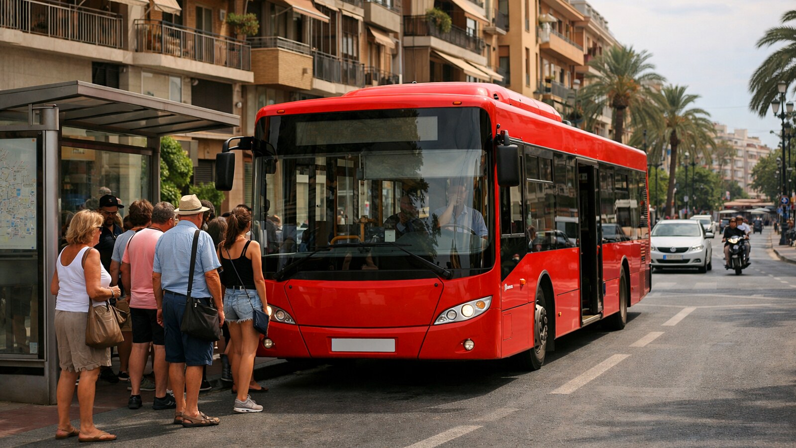 Ein moderner roter Stadtbus hält an einer städtischen Bushaltestelle, während mehrere Fahrgäste einsteigen oder warten, auf einer Straße mit weiterem Verkehr vor Wohnhäusern und Palmen (KI-Symbolbild).