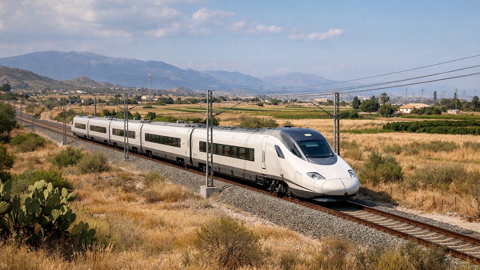 Ein moderner weißer Hochgeschwindigkeitszug fährt auf einer elektrifizierten Bahnstrecke durch eine trockene ländliche Landschaft mit Feldern und Bergen im Hintergrund (KI-Symbolbild).