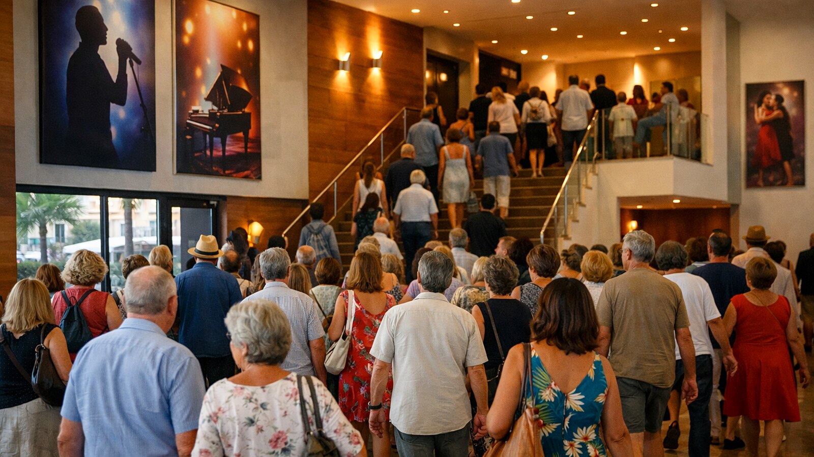 Viele Besucher gehen in ein modernes Theaterfoyer mit Treppenaufgang, warmem Licht und großen Musik- und Tanzpostern an den Wänden (KI-Symbolbild).