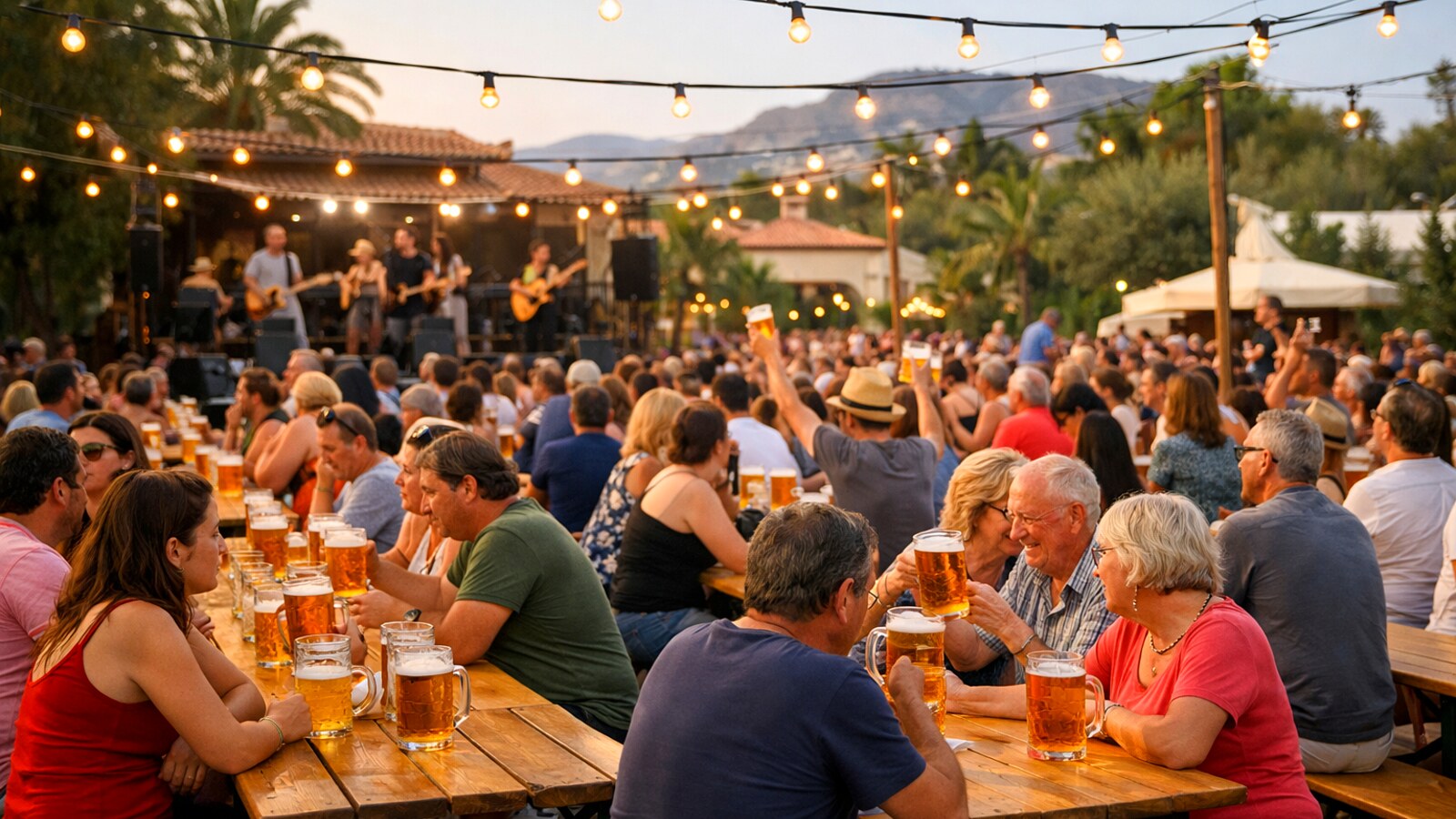 Zu sehen ist ein gut besuchtes Open-Air-Fest mit langen Holztischen, vielen Bierkrügen, Lichterketten und einer Bühne mit Live-Musik im Hintergrund, ohne dass einzelne Personen oder ein bestimmter Ort erkennbar hervorgehoben werden (KI-Symbolbild).
