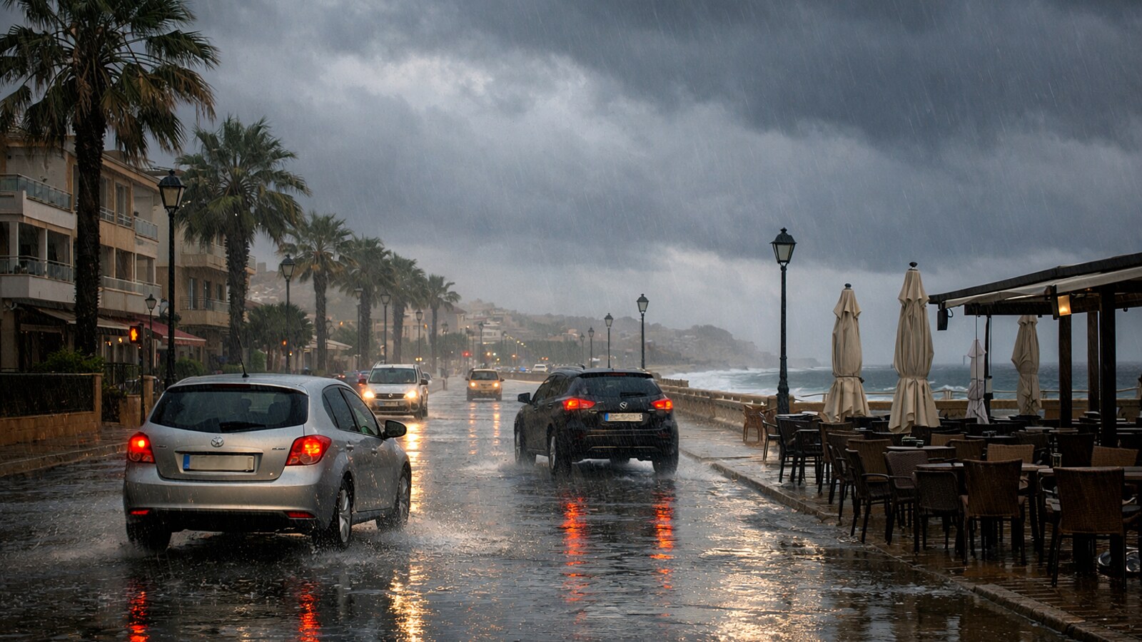 Eine Uferstraße an der Küste liegt bei starkem Regen unter dunklen Gewitterwolken, während einige Autos vorsichtig über die nasse Fahrbahn mit Pfützen fahren und rechts leere Terrassentische am Meer stehen (KI-Symbolbild).