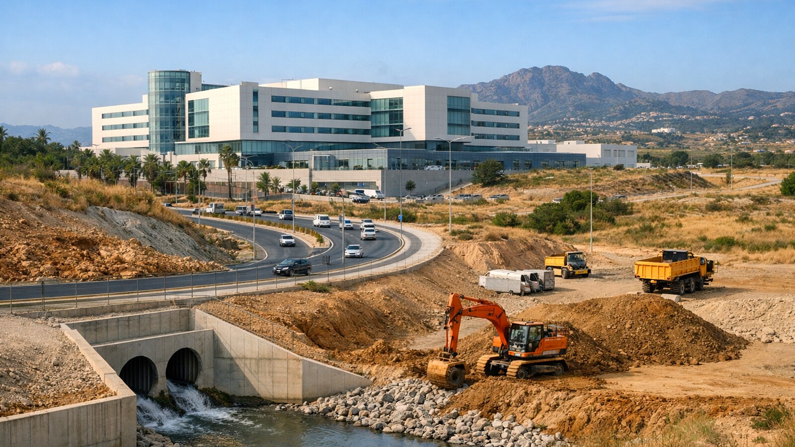 Zu sehen ist ein modernes Krankenhausgebäude in trockener mediterraner Landschaft mit Zufahrtsstraße, Autos sowie laufenden Erd- und Entwässerungsarbeiten mit Bagger, Lkw und einem betonierten Durchlass für Hochwasserschutz (KI-Symbolbild).