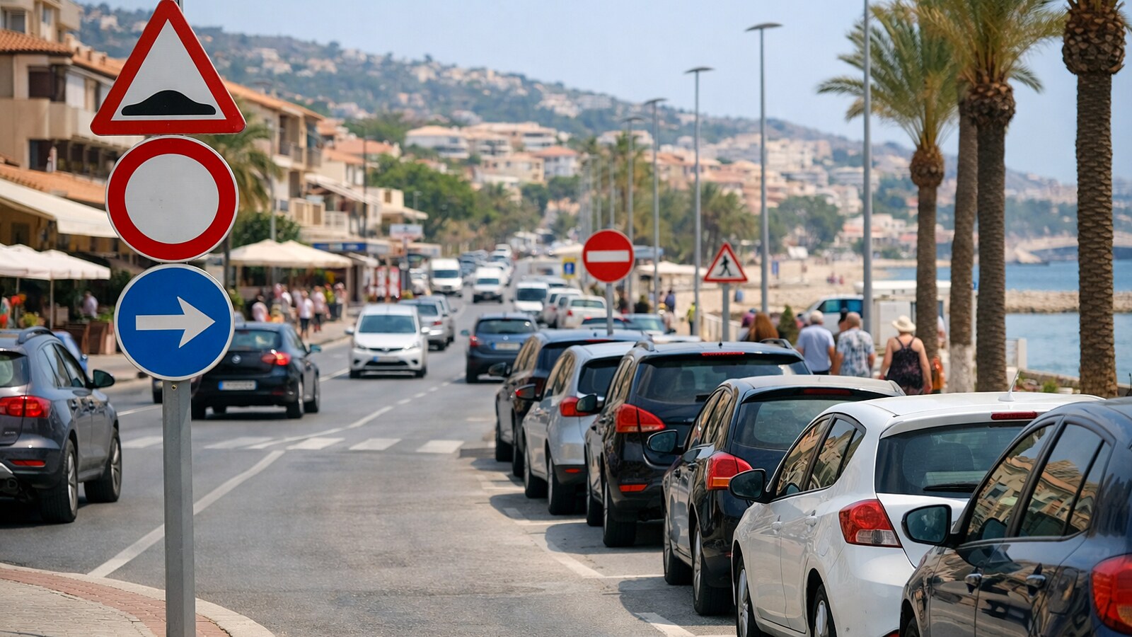 Zu sehen ist eine belebte Küstenstraße in einer spanisch wirkenden Stadt mit parkenden und fahrenden Autos, mehreren Verkehrsschildern, Palmen und Passanten an der Promenade (KI-Symbolbild).