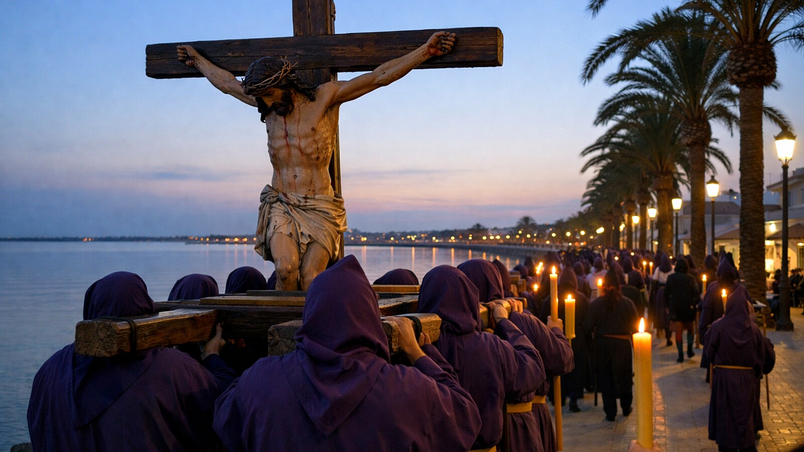 Träger in dunklen Kutten tragen in der Dämmerung eine Christusfigur an einer Lagune entlang, von hinten gesehen (KI-Symbolbild).