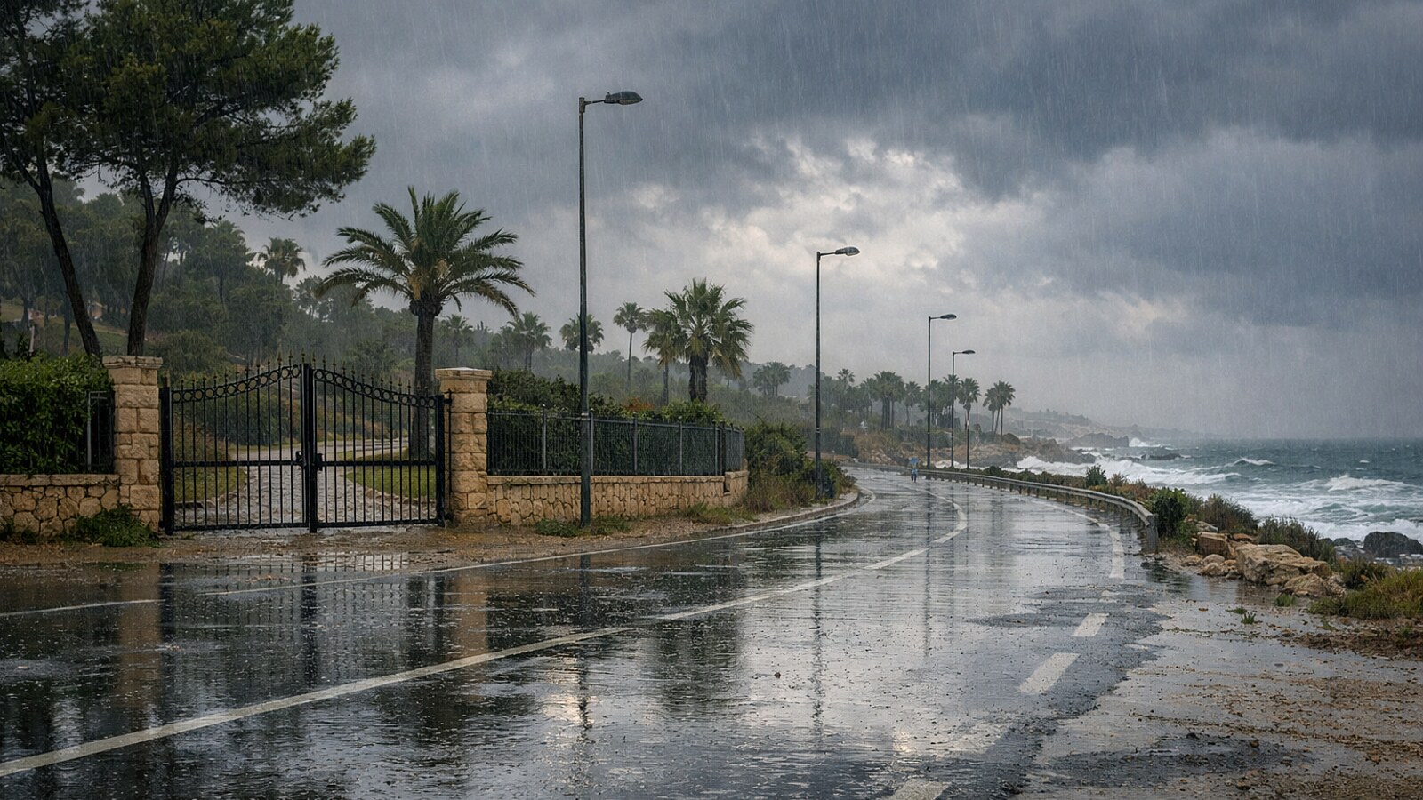 Zu sehen ist eine regennasse Küstenstraße am Mittelmeer mit Pfützen, geschlossenen schwarzen Toren neben Palmen und einem dunklen, stürmischen Himmel über aufgewühlter See (KI-Symbolbild).