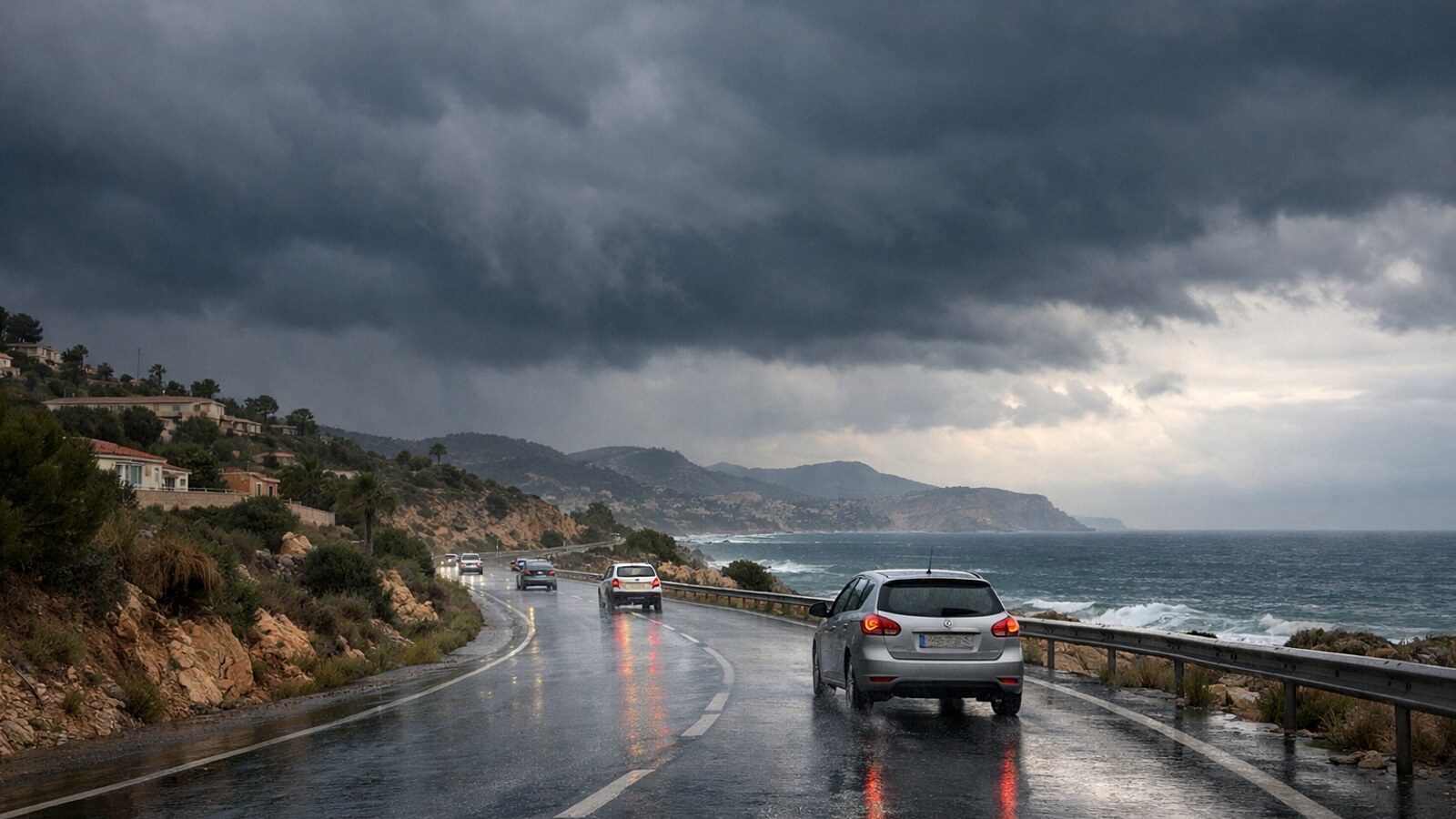 Zu sehen ist eine nasse Küstenstraße am Meer unter dunklen Regenwolken, auf der wenige Autos fahren, während an der felsigen Küste Wellen brechen (KI-Symbolbild).