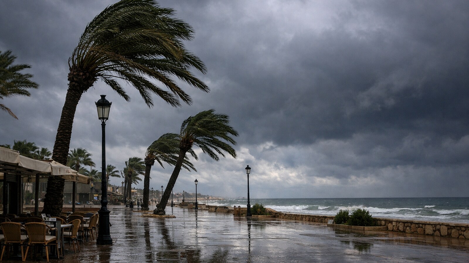 Eine regennasse Strandpromenade an der Mittelmeerküste mit stark im Wind gebogenen Palmen, dunklen Gewitterwolken und aufgewühltem Meer ist zu sehen (KI-Symbolbild).