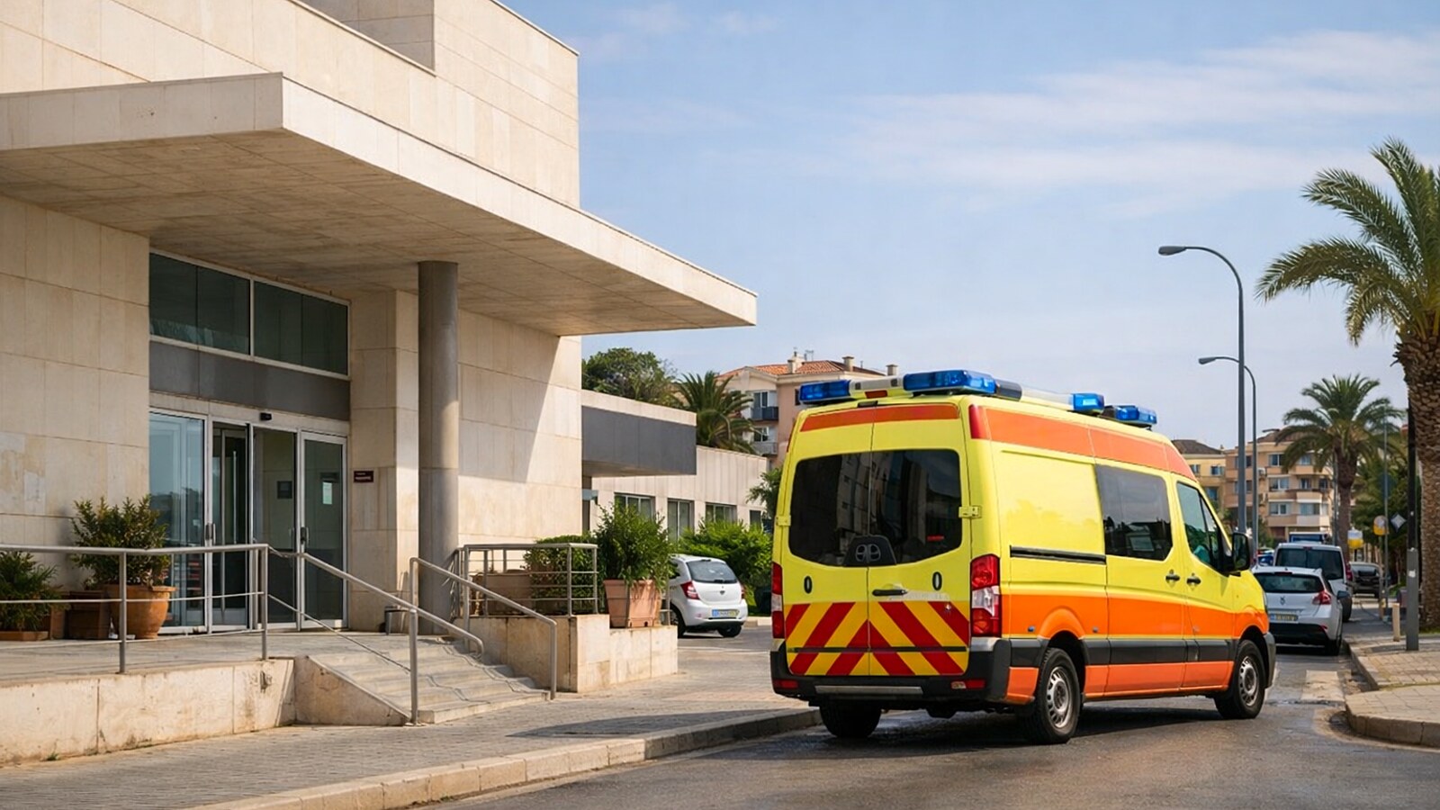 Ein gelb-oranger Rettungswagen steht vor einem modernen Gesundheitszentrum an einer Straße mit Palmen und Wohnhäusern in einer spanisch wirkenden Küstenstadt (KI-Symbolbild).