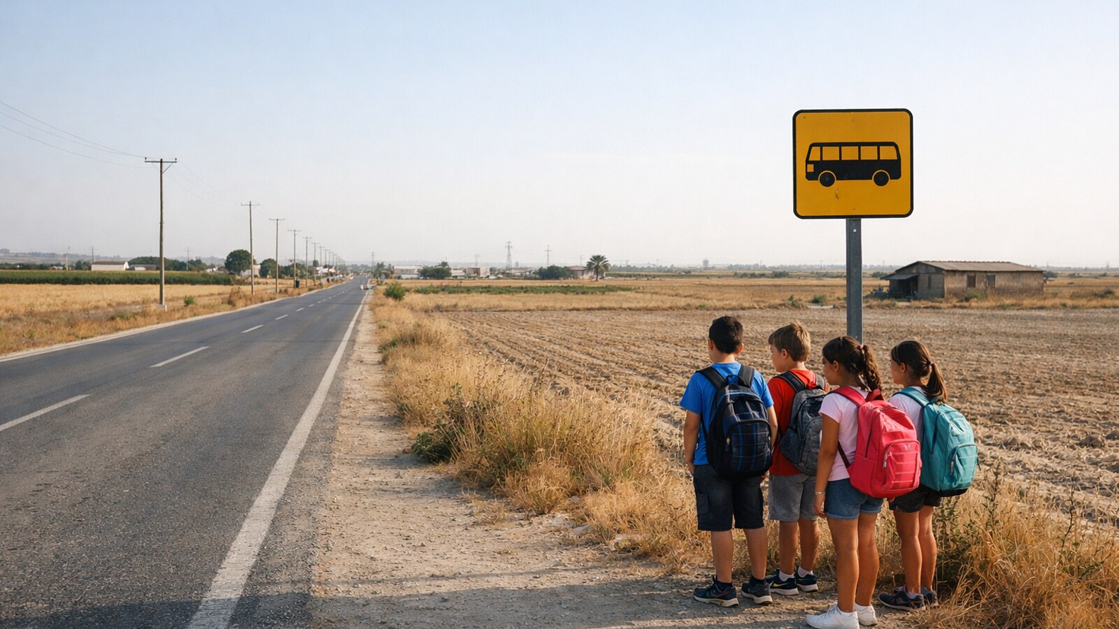 Kinder mit Schulranzen warten an einer Bushaltestelle auf dem Land (KI-Symbolbild).