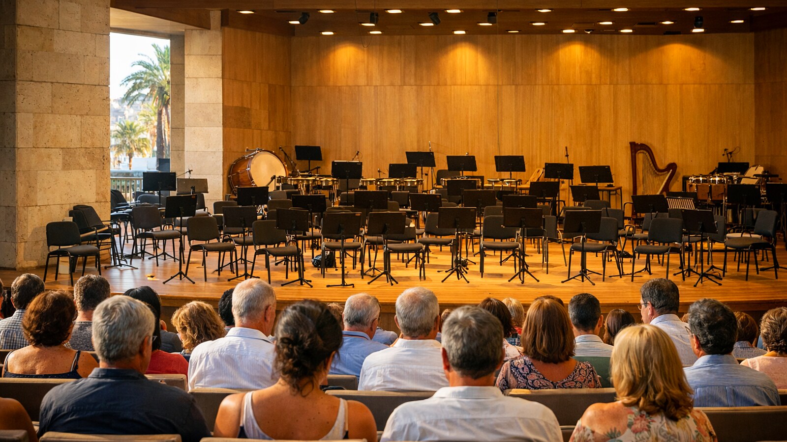 Zu sehen ist ein Publikum in einem modernen Konzertsaal vor einer warm beleuchteten Orchesterbühne mit leeren Stühlen, Notenständern und einigen Schlaginstrumenten (KI-Symbolbild).