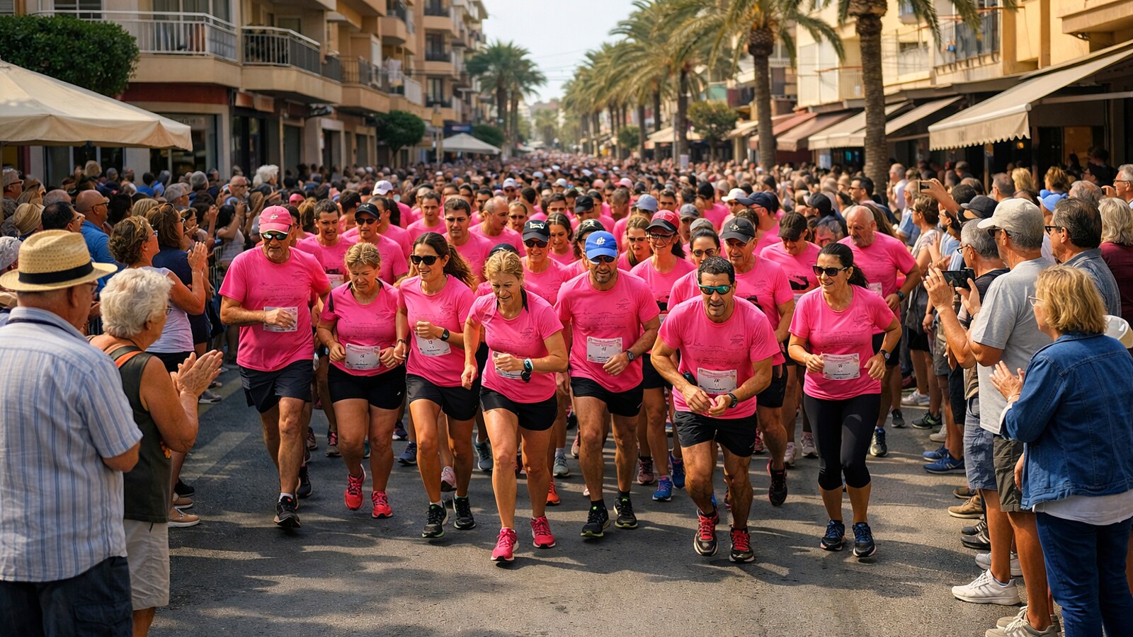 Eine große Gruppe von Teilnehmern in pinkfarbenen T-Shirts startet zu einem Solidaritätslauf auf einer städtischen Straße, während zahlreiche Zuschauer am Rand stehen und applaudieren (KI-Symbolbild).