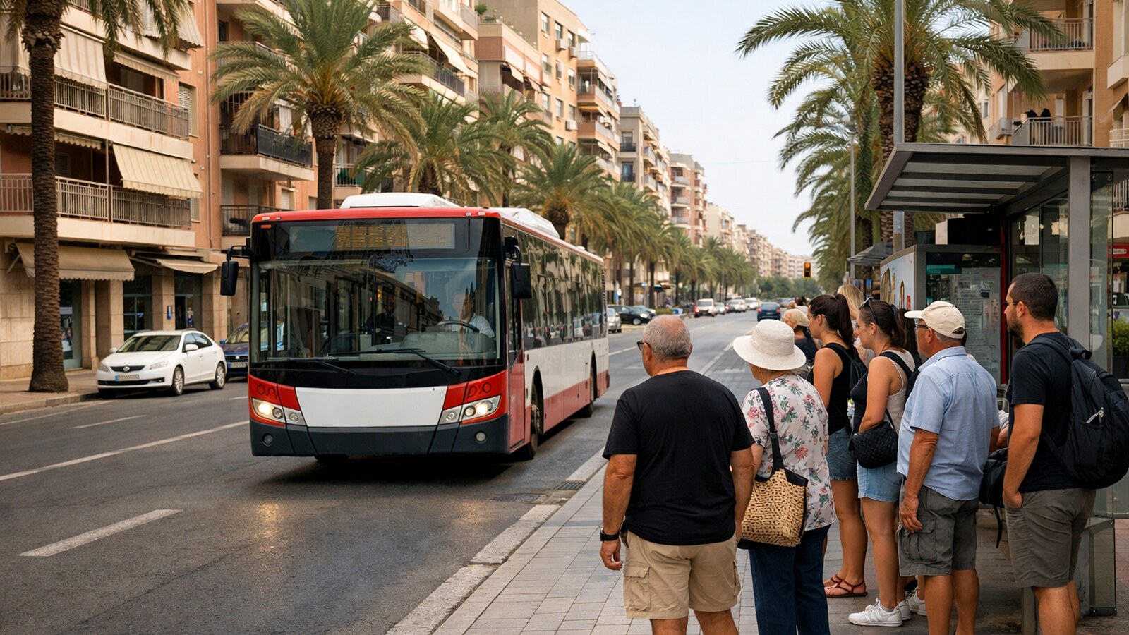 Stadtbus hält an einer Haltestelle in einer Straße mit Palmen (KI-Symbolbild).