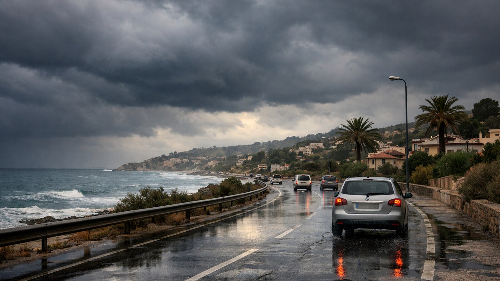 Eine Küstenstraße am Meer mit nasser Fahrbahn, mehreren Autos, Palmen und dunklen Regenwolken über einer mediterranen Siedlung (KI-Symbolbild).