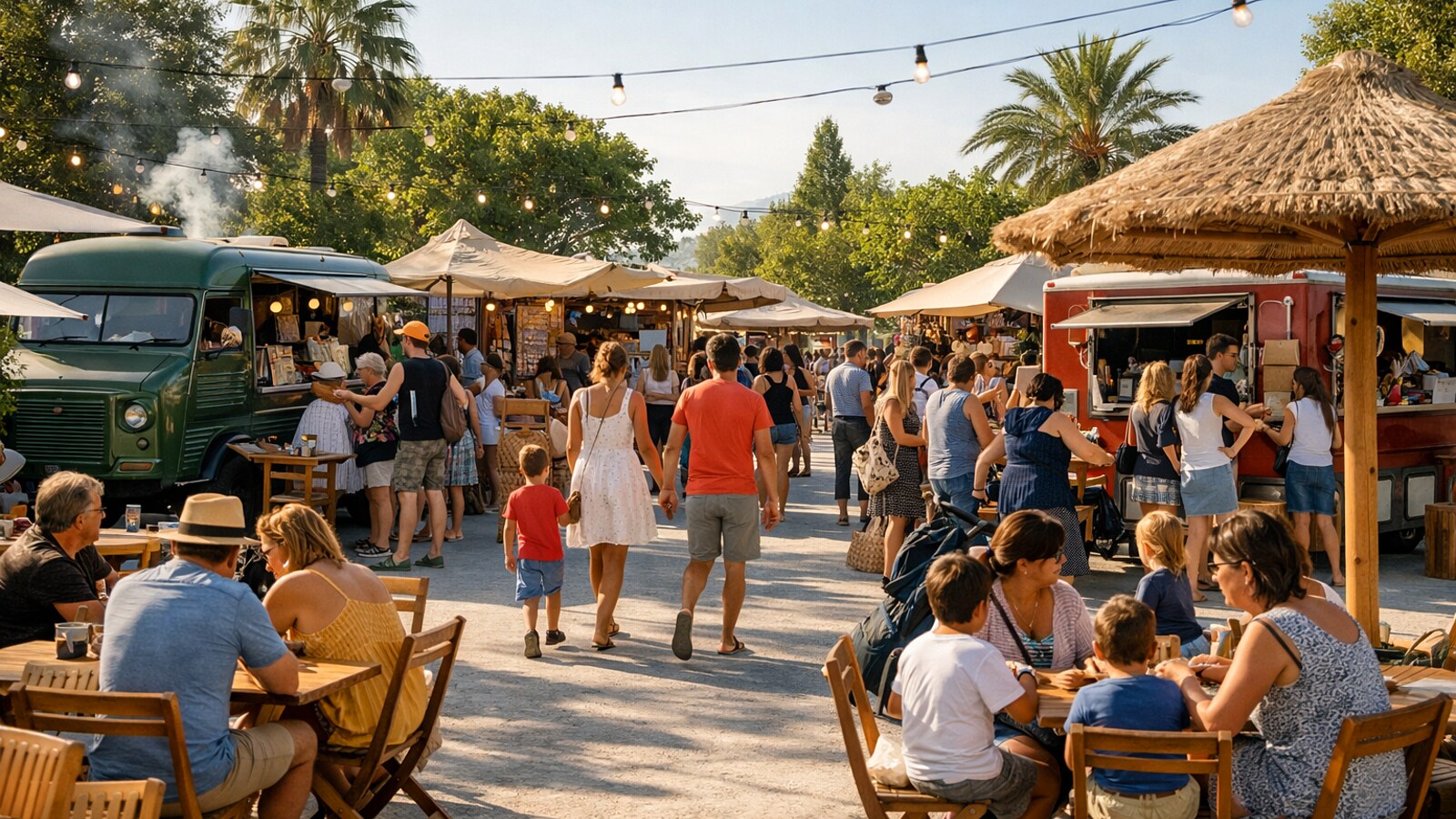 Zu sehen ist ein belebter Street-Food-Markt im Freien mit mehreren Foodtrucks, Marktständen, vielen Familien und Besuchern auf den Wegen sowie Sitzplätzen unter Sonnenschirmen und Lichterketten bei warmem Tageslicht (KI-Symbolbild).