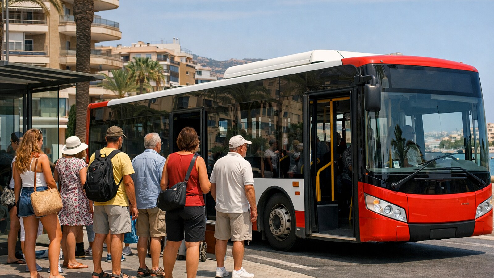 Ein moderner Linienbus hält an einer Haltestelle, während mehrere Fahrgäste an der Küstenstraße auf das Einsteigen warten (KI-Symbolbild).