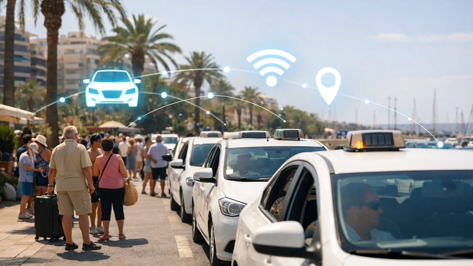 Mehrere weiße Taxis warten an einer palmengesäumten Uferstraße in einer Küstenstadt, während Passanten daneben stehen und eingeblendete Symbole für digitale Vernetzung und Standortdaten zu sehen sind (KI-Symbolbild).