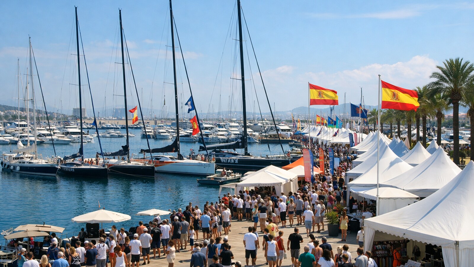 Zu sehen ist ein belebtes Regatta-Dorf an einer Marina mit modernen Segelyachten, vielen Besuchern entlang der Uferpromenade sowie weißen Eventzelten und zahlreichen Flaggen (KI-Symbolbild).