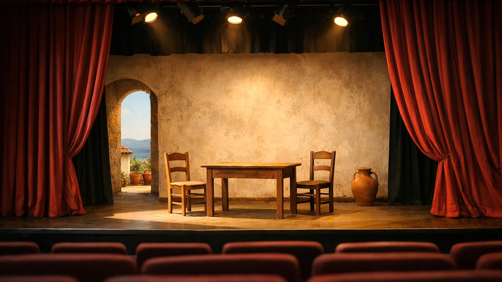 Leere Theaterbühne mit Tisch und zwei Stühlen, roter Vorhang geöffnet (KI-Symbolbild).