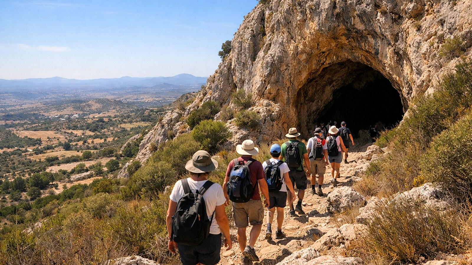 Mehrere Wanderer mit Rucksäcken gehen auf einem felsigen Hangweg auf den Eingang einer großen Höhle zu, während sich links ein weiter Blick über eine trockene Hügellandschaft öffnet (KI-Symbolbild).
