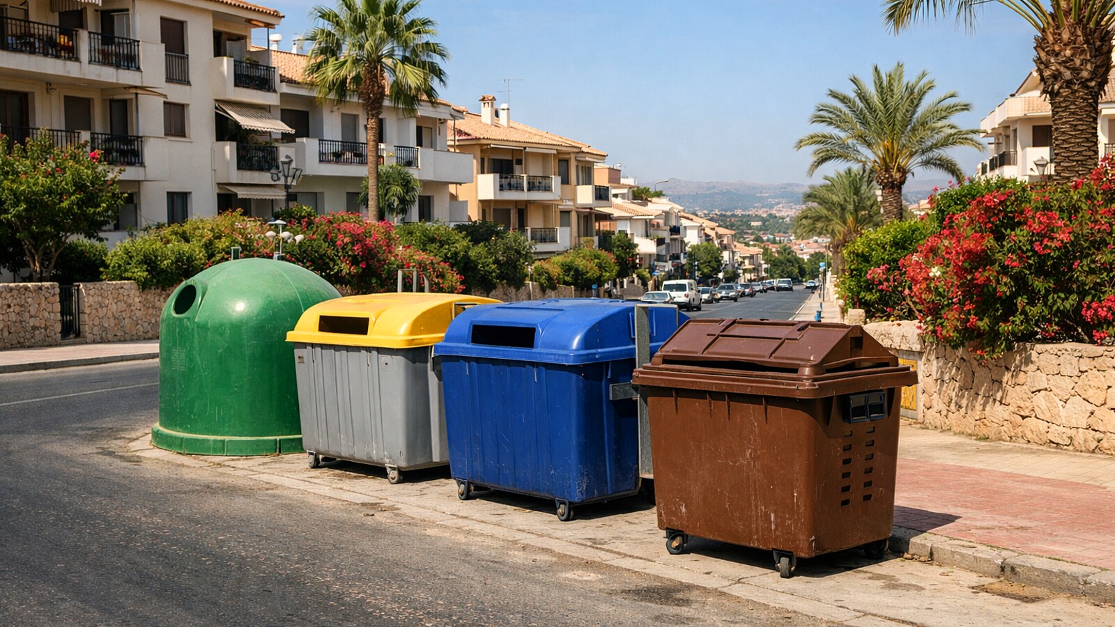 An einer sonnigen Wohnstraße in mediterraner Umgebung stehen mehrere öffentliche Recyclingcontainer am Straßenrand, darunter ein brauner Behälter für Bioabfall (KI-Symbolbild).