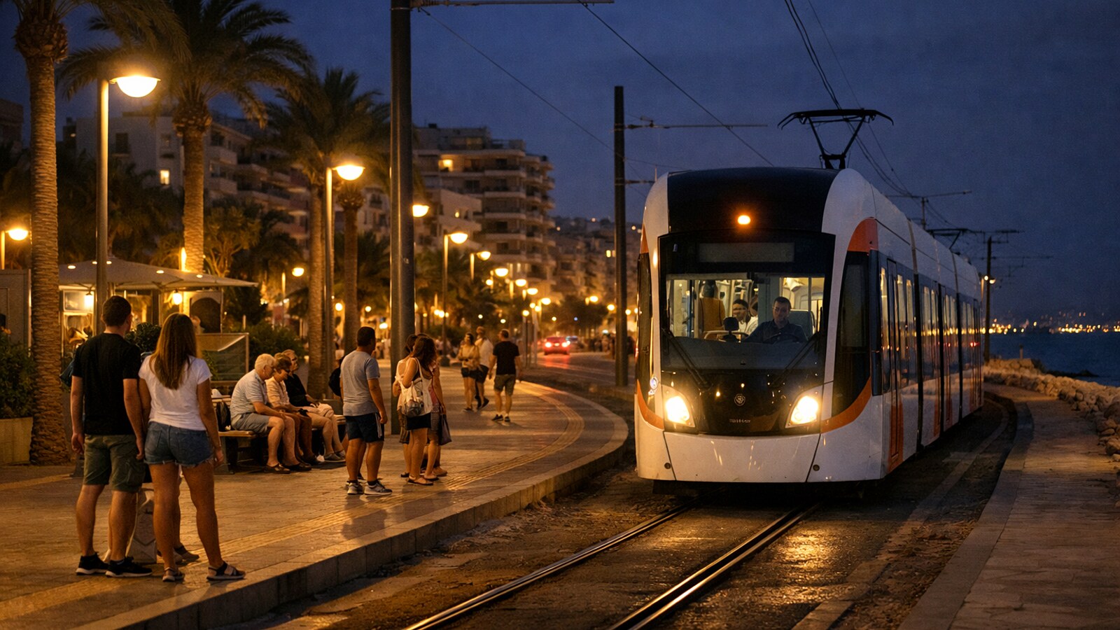 Ein moderner Straßenbahnzug fährt bei Nacht entlang einer beleuchteten Küstenpromenade, während mehrere Menschen an einer Haltestelle warten (KI-Symbolbild).