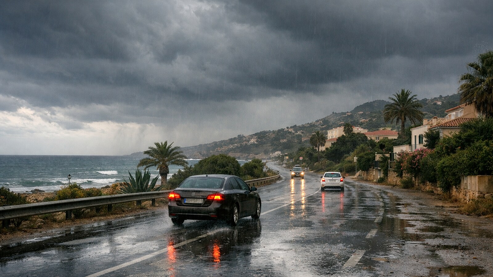 Eine nasse Küstenstraße am Mittelmeer mit einigen fahrenden Autos, Pfützen und reflektierenden Scheinwerfern unter dunklen Gewitterwolken und leichtem Regen (KI-Symbolbild).