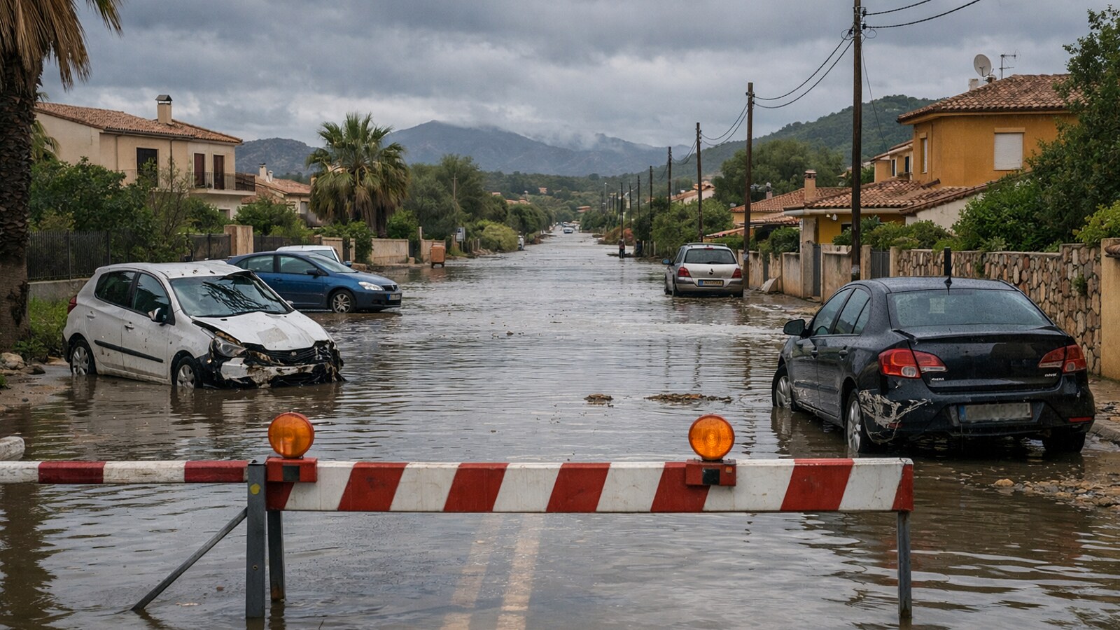 Zu sehen ist eine überflutete Straße in einem mediterran wirkenden Wohngebiet mit Absperrung, stehenden Wassermassen, beschädigten geparkten Autos und dunklen Regenwolken über den Häusern (KI-Symbolbild).