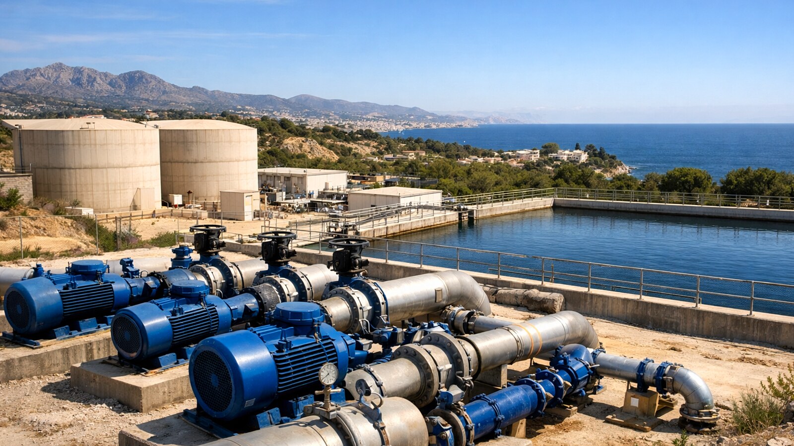Zu sehen ist eine Wasseranlage an der Mittelmeerküste mit großen Rohrleitungen, blauen Pumpen, runden Speichertanks und einem offenen Wasserbecken vor bergiger Küstenlandschaft (KI-Symbolbild).