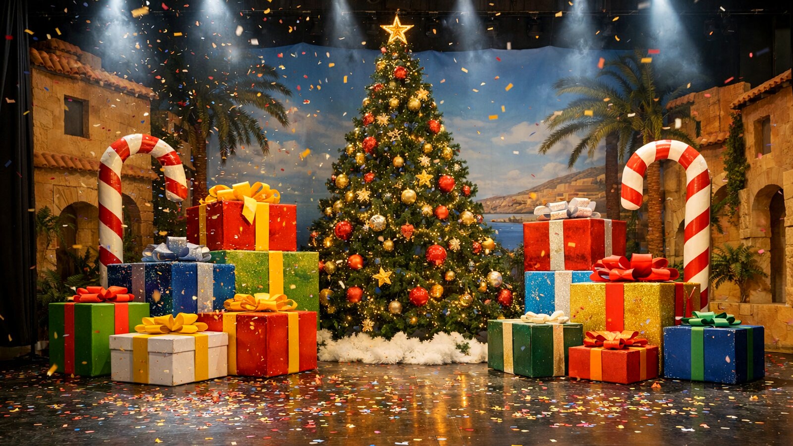 Bunte Weihnachtsbühne mit großen Geschenken, Zuckerstangen, Christbaum und Konfetti, ohne Menschen (KI-Symbolbild).